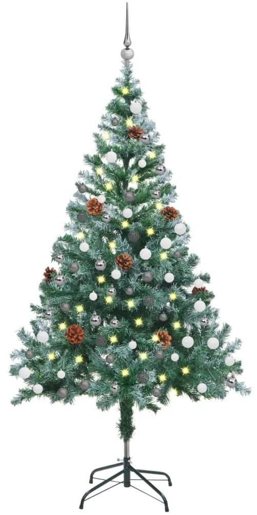 vidaXL Omrznutý umelý vianočný stromček s LED, súpravou gulí a šiškami 150 cm