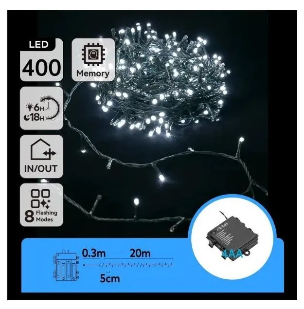 Aigostar - vonkajší LED vianočný svetelný reťazec 400xLED/8 režimov 4xAA 20,3 m studená biela