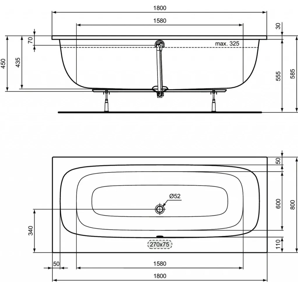 Ideal Standard i.life - Obdĺžniková vaňa DUO 1800x800 mm, s prepadom, biela T476401