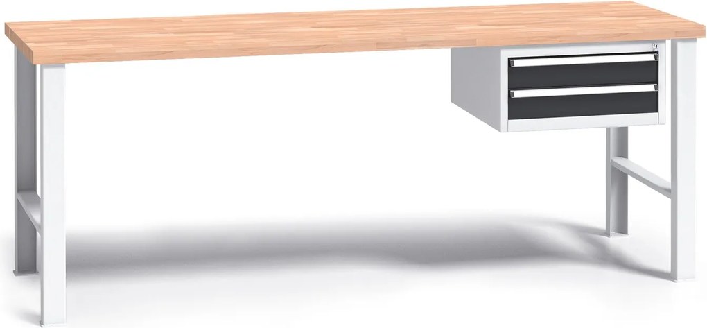 Pracovný stôl do dielne G3 so závesným boxom na náradie, buková škárovka, 2 zásuvky, pevné kovové nohy, 2000 mm, grafit