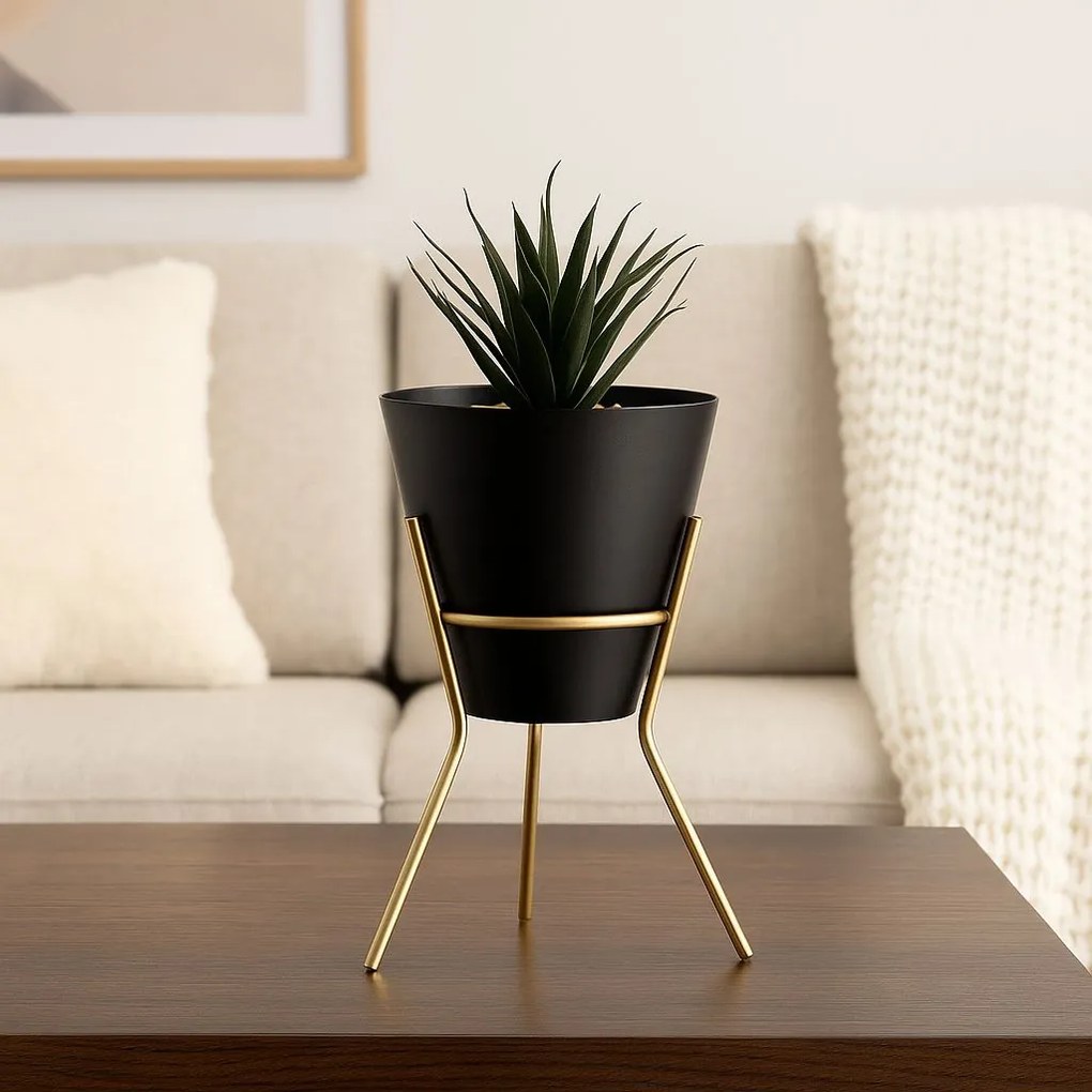 KOVOVÝ KVETINÁČ SO STOJANOM LOFT 24X16 CM ČIERNA/ZLATÁ