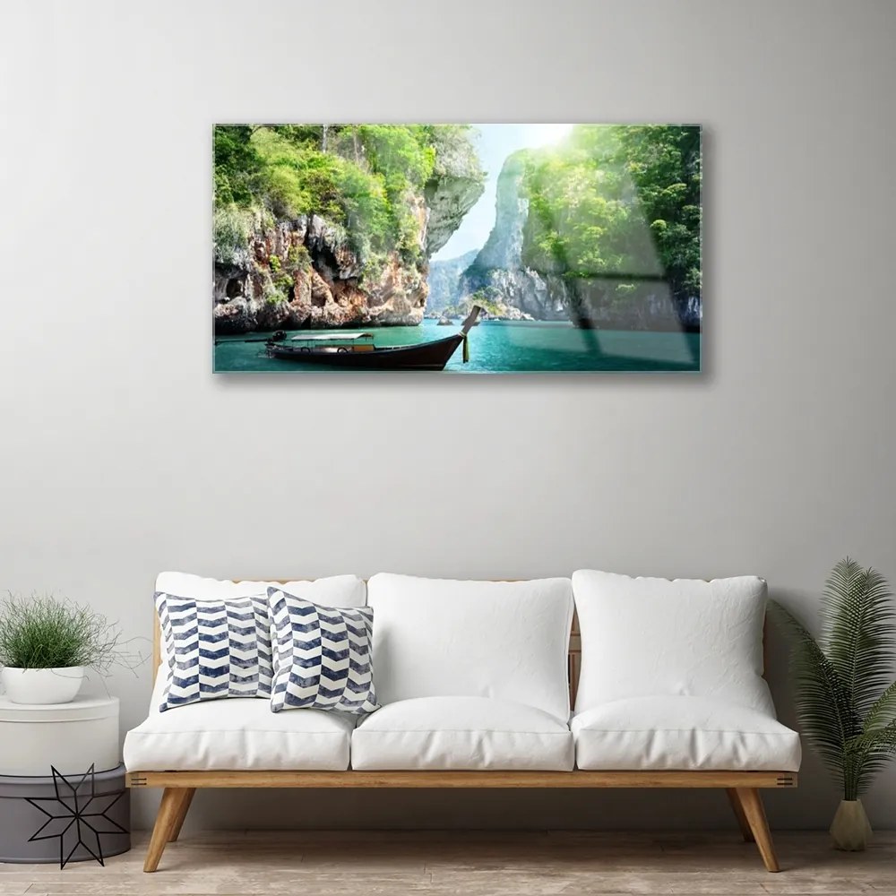Obraz na skle Hora voda loďka príroda 125x50 cm