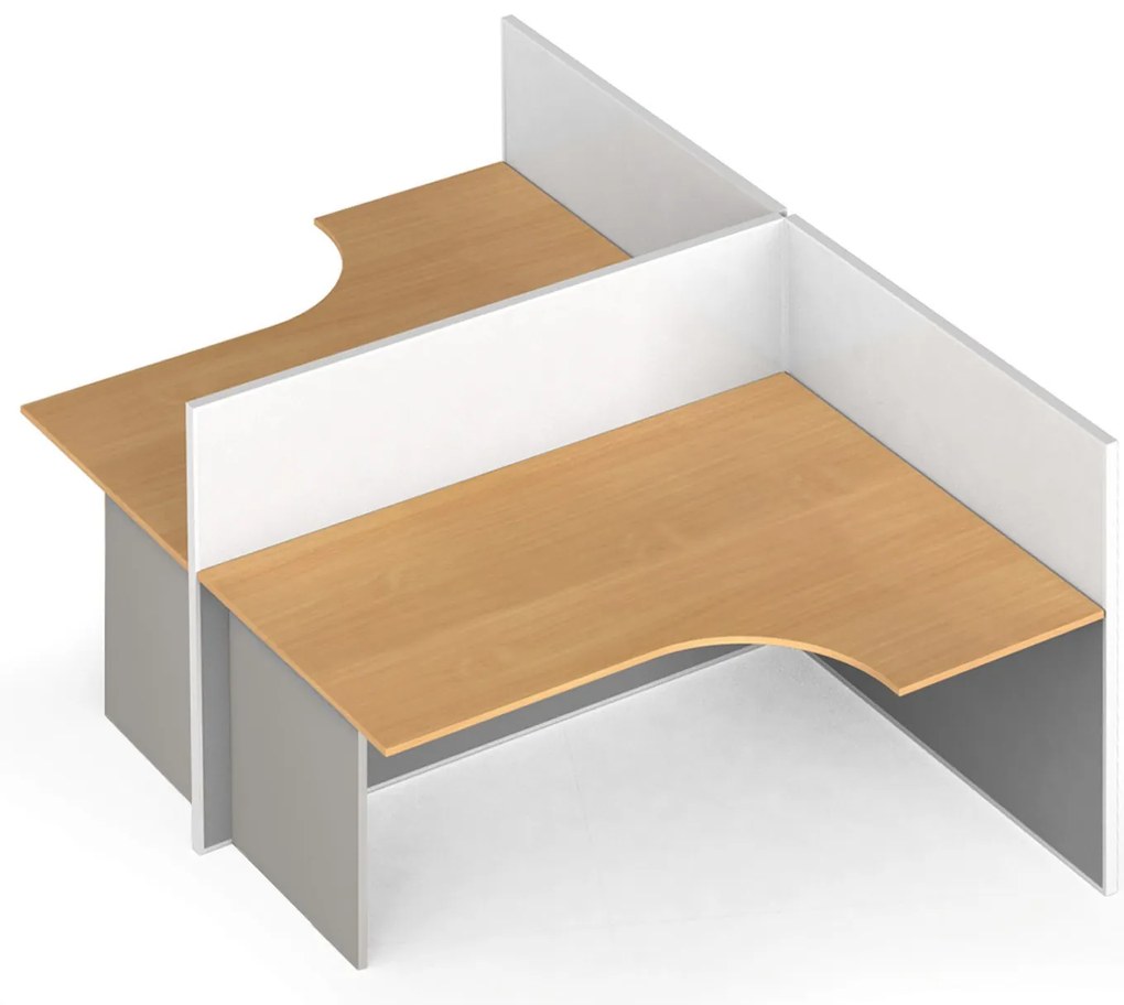 Rohový kancelársky písací stôl PRIMO s paravánmi, tvar T, magnetická tabuľa, 2 miesta, sivá/buk