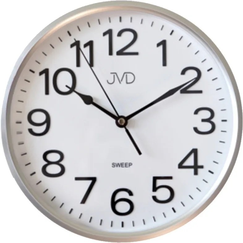 Tiché hodiny JVD HP683.5 – strieborné, plynulý chod sweep (26 cm)