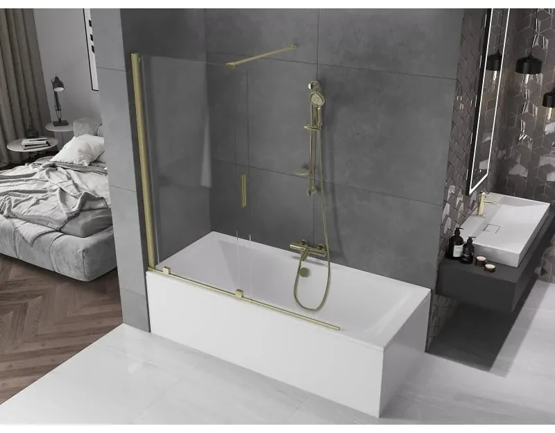 Mexen Velar, 2-krídlová posuvná vaňová zástena 150 x 150 cm, 8mm číre sklo, zlatý matný profil, 896-150-000-01-55