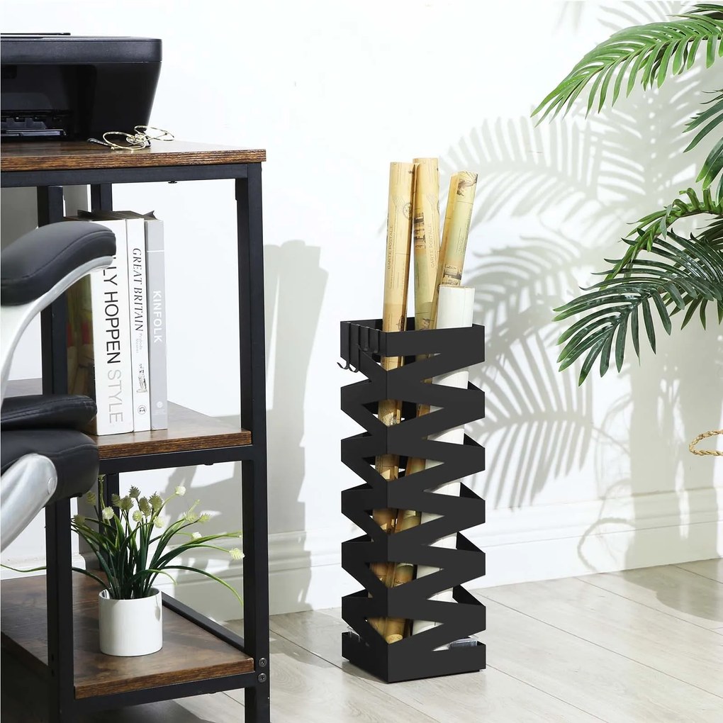 Kovový držiak na dáždniky, štvorcový, s háčikmi a odkvapkávačom, čierny