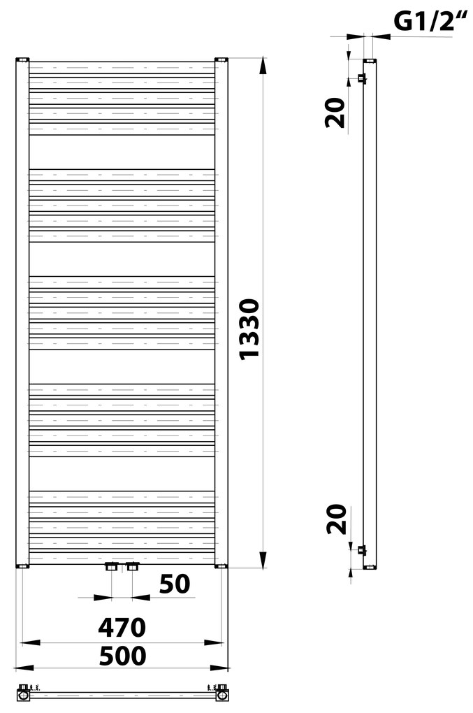 Bruckner Bruckner, GRUNT vykurovacie teleso 500x1330 mm, stredové pripojenie, čierna matná, 600.122.6