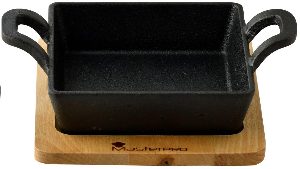 Štvorcová liatinová panvica Masterpro s bambusovým podstavcom / 12,6 x 18,5 x 3,6 cm / čierna