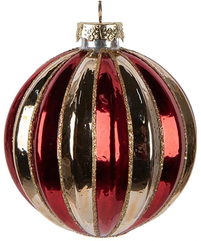 Červeno-zlatá sklenená vianočná ozdoba gule s vrúbkami - Ø 8*8 cm