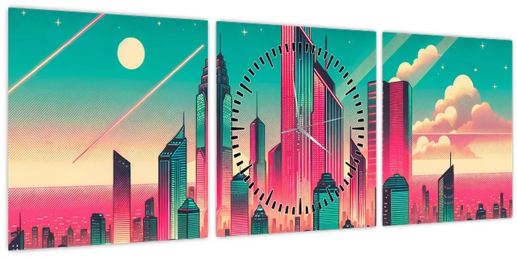 Obraz – Veľkomesto v pop-art štýle (s hodinami) (90x30 cm)