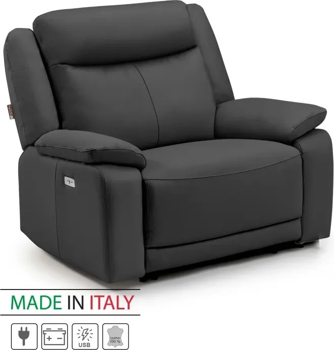 Kožené kreslo CONTINENTAL s elektrickou funkciou relax 1P, elektrické + aku, čierna (nero 308)