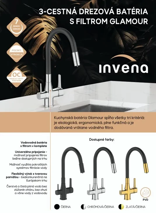 Invena Magic, stojanková drezová batéria s flexibilným ramenom a filtrom na pitnú vodu, čierna-chrómová, INV-BZ-08-F08-V