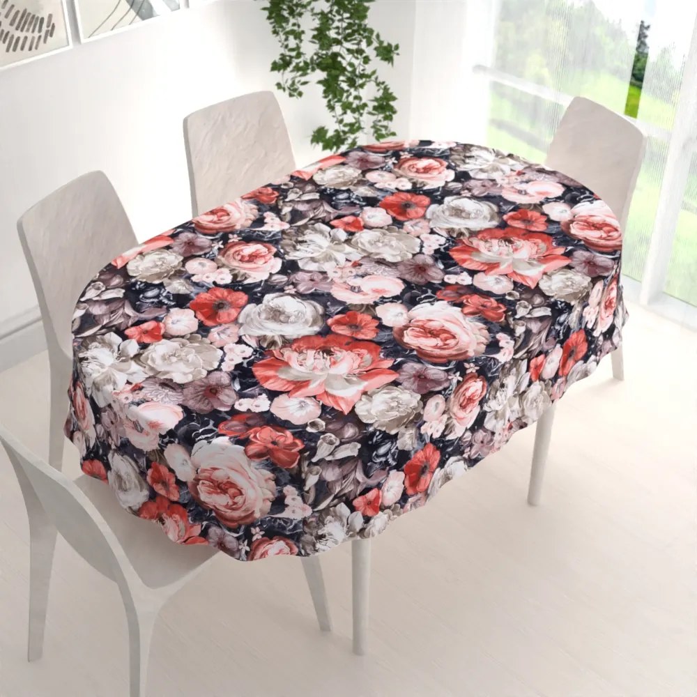 Biante Zamatový oválny obrus Tamara TMR-018 Červené kvety 100x140 cm