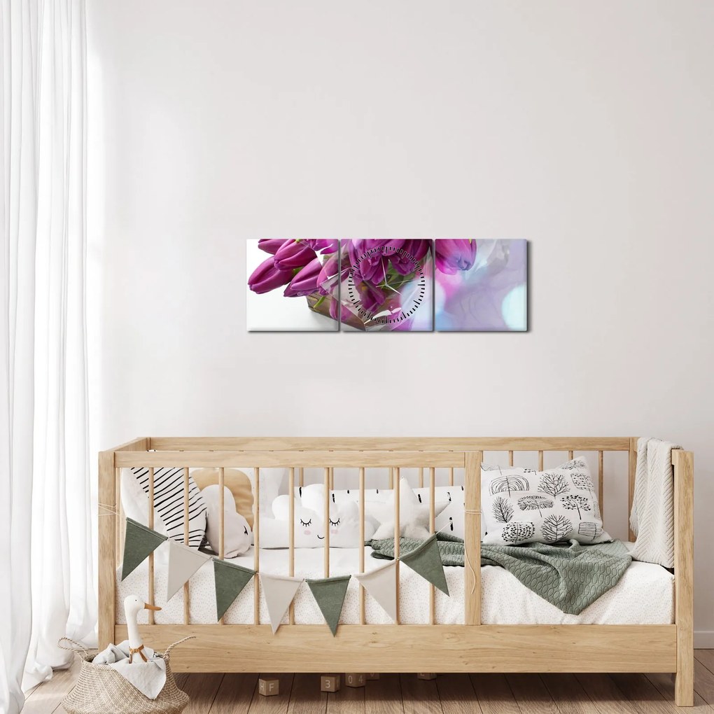 Obraz - kytice tulipánov (s hodinami) (90x30 cm)