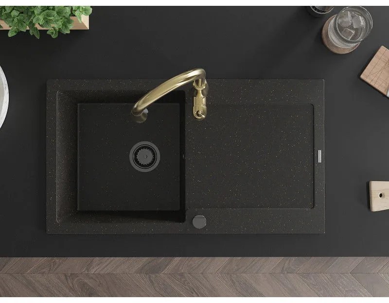 Mexen Leo, 1-komorový granitový drez 900x500x190 mm a drezová batéria Savita, čierna-zlatá metalíza, 6501-75-672601-50-B