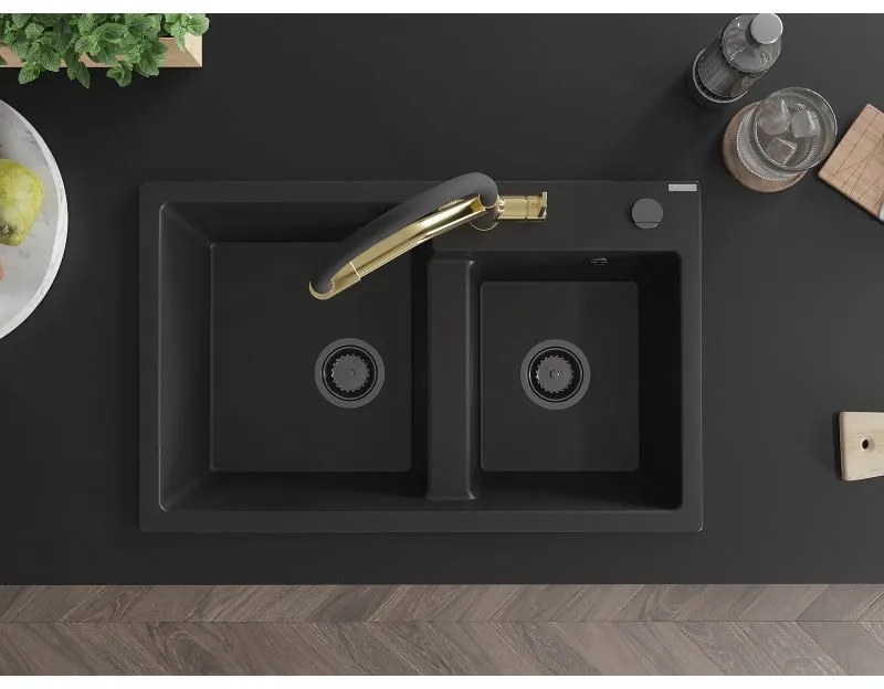 Mexen Tomas, 2-komorový granitový drez 800x500x190 mm  a kuchynská batéria Duo, čierna, 6516-77-671701-57-B