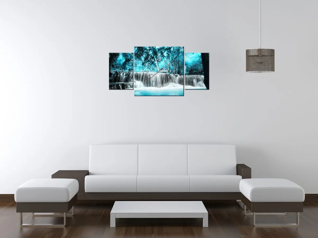 Gario Obraz s hodinami Vodopád v modrej džungli - 3 dielny Rozmery: 80 x 40 cm
