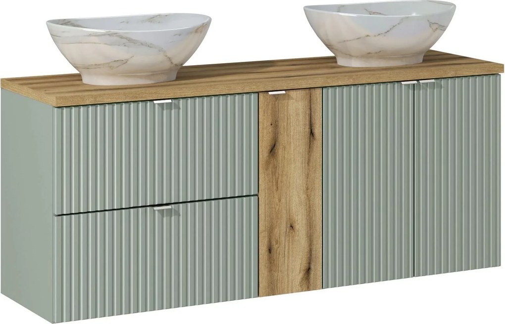 Comad Kúpeľňová skrinka s doskovými umývadlami set Line Reed Green 140 rákosovo zelená/dub coast evoke