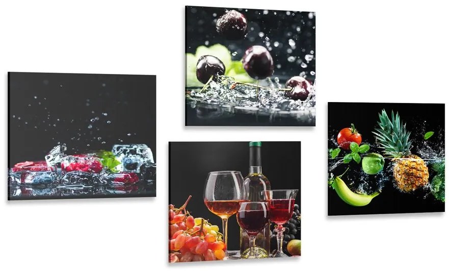 Set obrazov víno a kúsky ovocia na čiernom pozadí Varianta: 4x 60x60