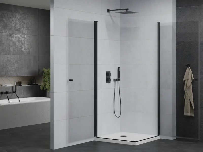 Mexen Pretoria Duo, 2-krídlový sprchovací kút 90(dvere) x 90(dvere) x 190 cm, 6mm číre sklo, čierny profil + slim sprchová vanička 5cm, biela, 852-090-090-70-02-4010B