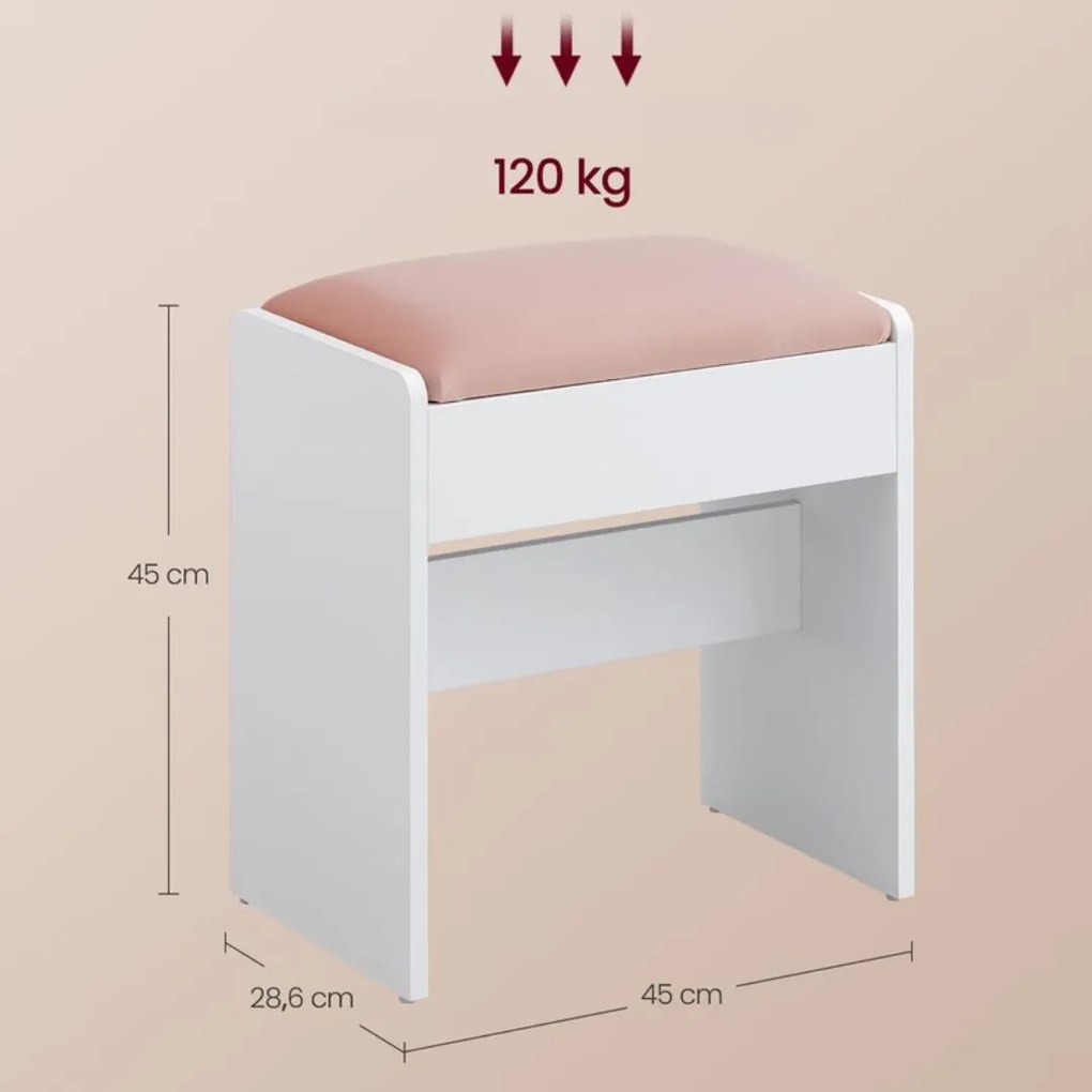 Čalúnená taburetka/stolička VELVET ku toaletnému stolíku, 45x45x28,6cm, biela/ružová Vasagle
