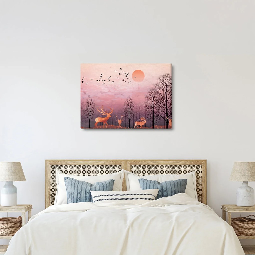 Obraz - Jelene v žiare zapadajúceho slnka (70x50 cm)