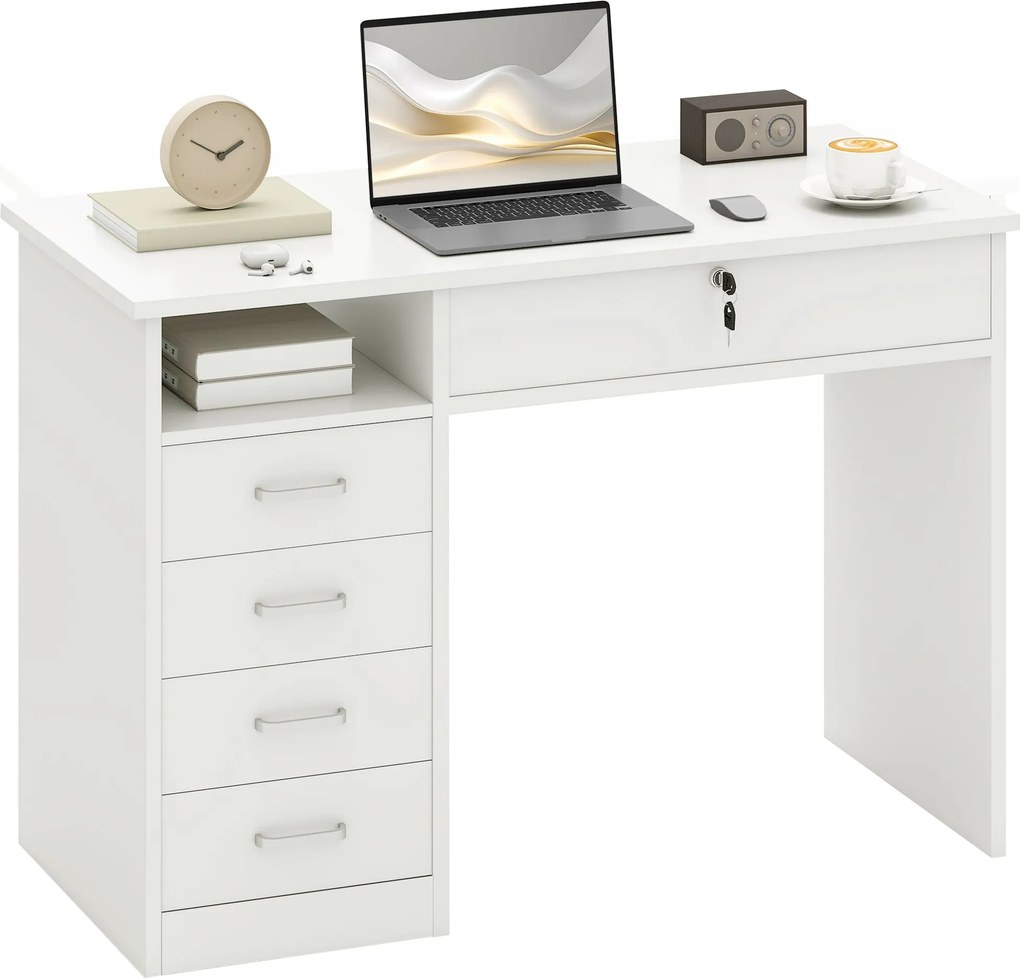 HOMCOM Pracovný a Spálňový Stôl, PC a Počítačový Stôl, Drevený so 5 Zásuvkami, Pracovná Plocha, 2 Kľúče, Moderný, 110x50x76cm, Biela | Aosom
