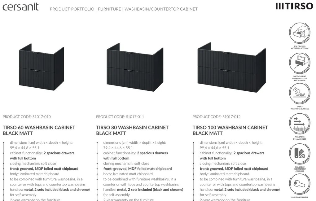 Cersanit Tirso, závesná umývadlová skrinka 994x447x572 mm + keramické umývadlo, čierna matná, S801-588