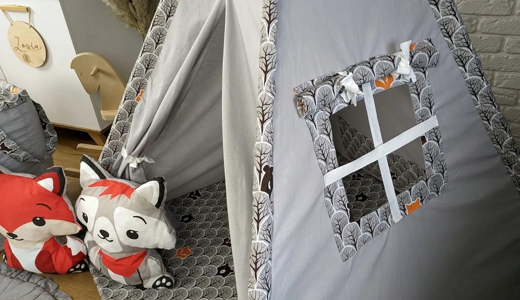 Detský stan TEEPEE (TÝPIE) ANIMALS s doplnkami - MACKO A KAMARÁDI - šedý