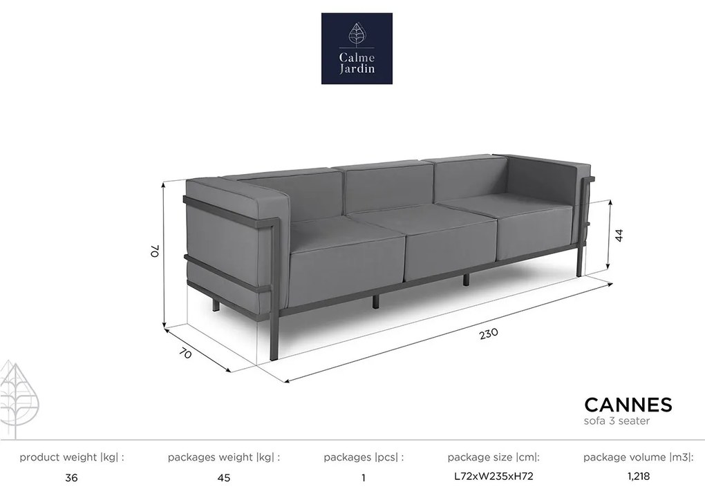 Záhradná pohovka Cannes trojmiestna 70 × 230 × 70 cm CALME JARDIN