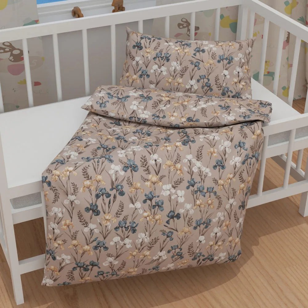 Biante Detské bavlnené posteľné obliečky do postieľky Sandra SA-637 Modro-béžovo-biele kosatce na sivobéžovom Do postieľky 100x135 a 40x60 cm