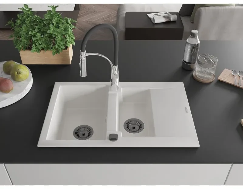 Mexen Gaspar, 1,5-komorový granitový drez 737x475x177 mm a drezová batéria Aster, biela, 6507-20-73450-07-B