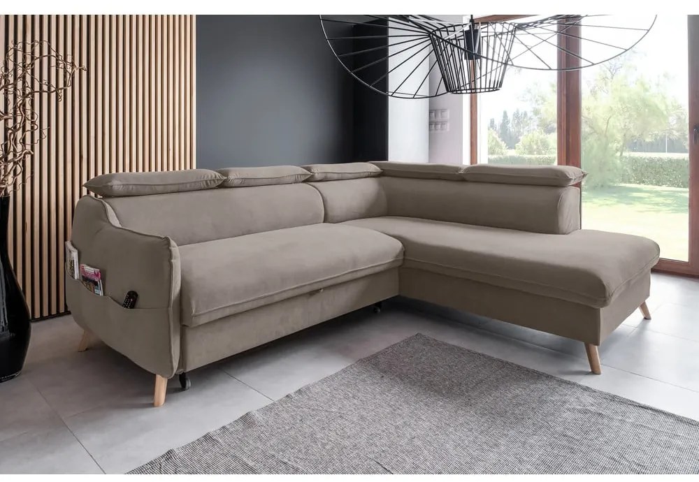 Svetlohnedá zamatová rozkladacia rohová pohovka (pravý roh) Sweet Harmony – Miuform