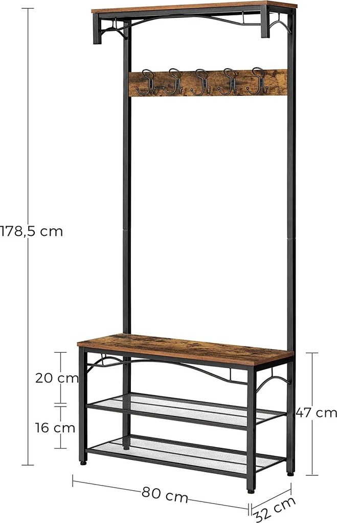 Stojan na kabáty s lavicou na topánky, predsieňová stena, rustikálna hnedá