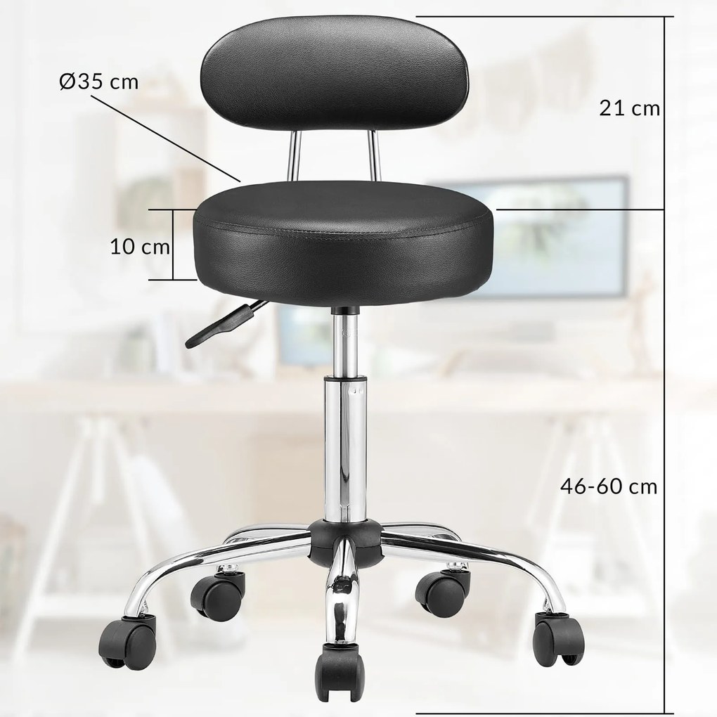 Taburetka na kolieskach s operadlom ROLAND, Ø35cm, čierna Casaria