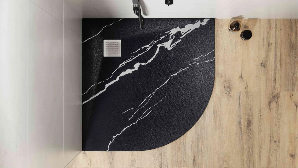 Besco Štvrťkruhová sprchová vanička z SMC kompozitu VEXO MARBLE BLACK HR 90x90 BESCO-Rozmery: 90x90