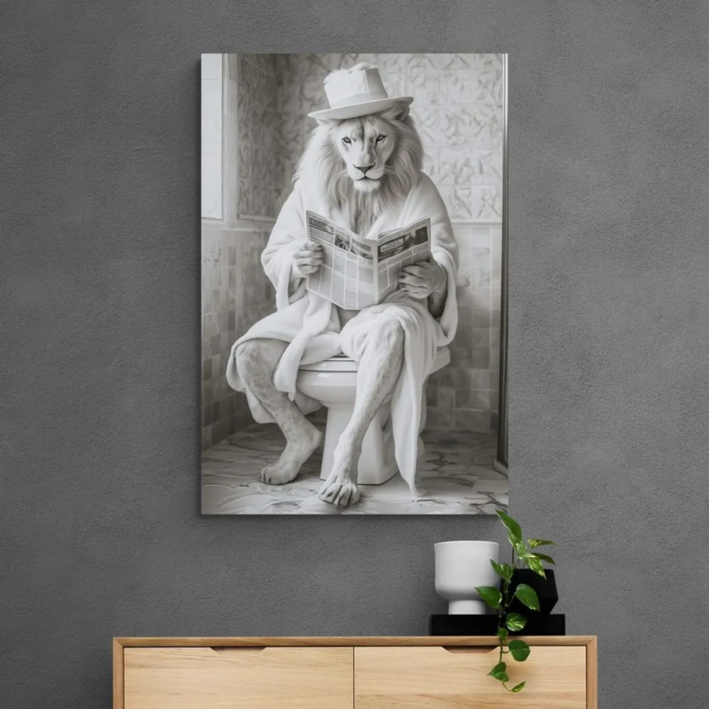 Obraz biely lev s novinami na záchode