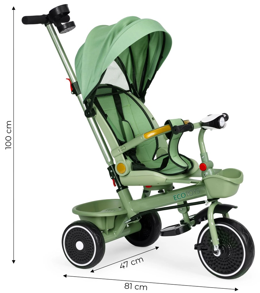 ECOTOYS Trojkolka/ kočík, 2v1, s otočným sedadlom a sklopnou strieškou, zelená