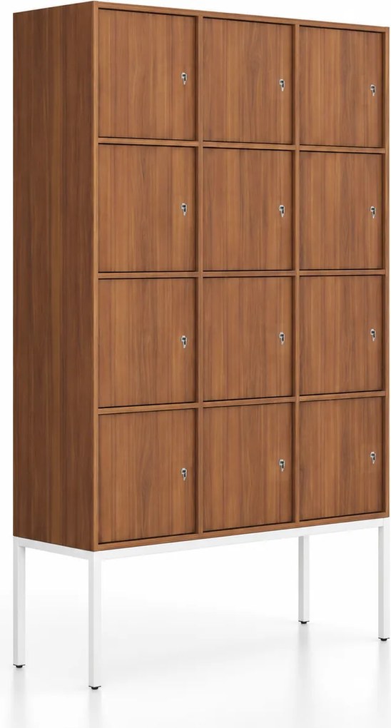 Kancelárska skriňa FRAME, biela podnož, 12x dvere, 1299 x 450 x 2185 mm, cylindrický zámok, orech
