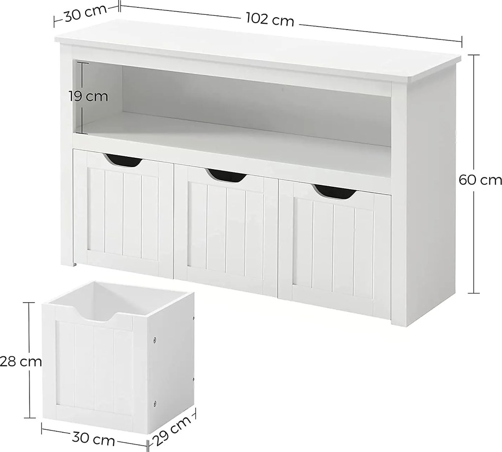 Detský regál na hračky, s 3 úložnými boxmi, biely