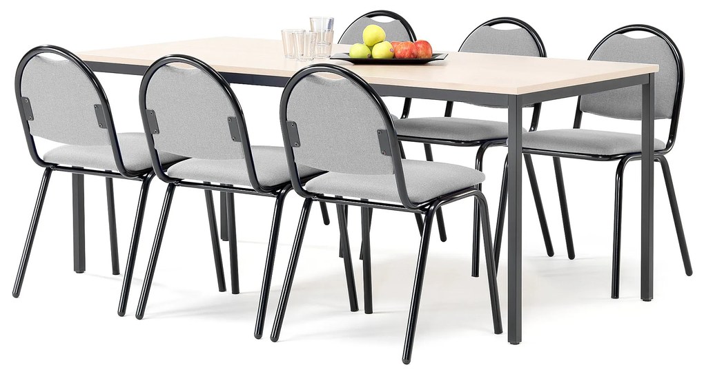 Jedálenská zostava: stôl 1800x800 mm, breza + 6 stoličiek, šedá/čierna