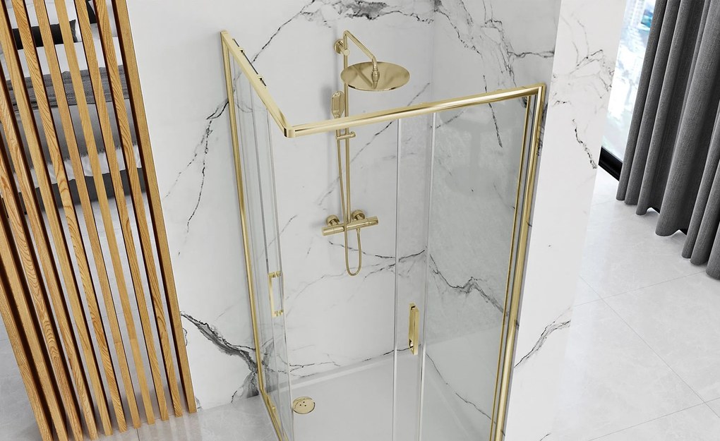 Rea Punto, sprchový kút s posuvnými dverami 80(dvere) x 80(dvere) x 190 cm, 5mm číre sklo, zlatý lesklý profil + biela sprchová vanička Savoy, KPL-K6441