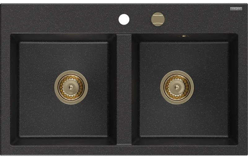 Mexen Hektor, 2-komorový granitový drez 800x480x205 mm, čierna-strieborná metalíza, zlatý sifón, 6521802000-73-G