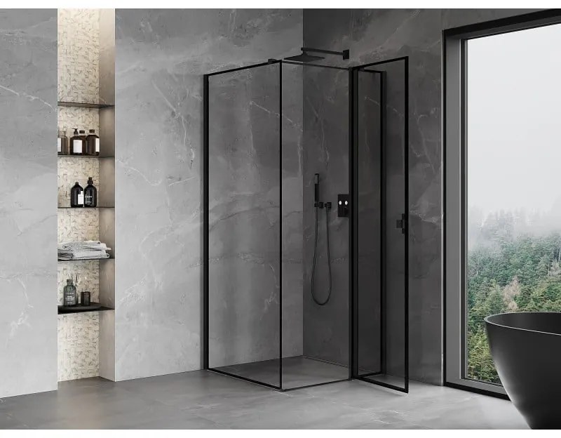 Mexen Mist T, sprchový kút s krídlovými dverami, pravý, 75 x 75 cm, 8mm číre sklo, čierny profil, 8A4T-075-075-70-70-P
