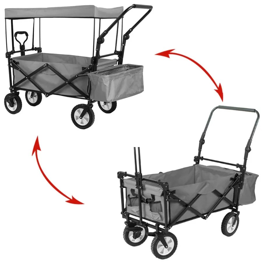 Skladací vozík so strechou, ťahací-tlačací, sivý