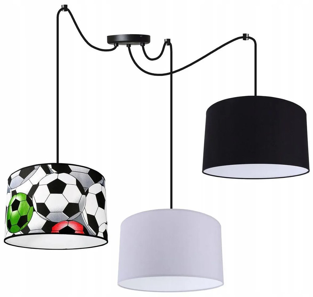 Detské závesné svietidlo Soccer Spider, 3x textilné tienidlo so vzorom (mix 6 farieb), (výber z 2 farieb konštrukcie)