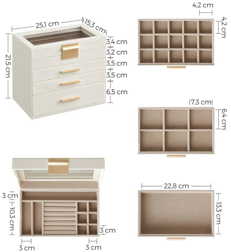 Songmics Šperkovnica Eliza, 15,3x25,1x21,5 cm, biela