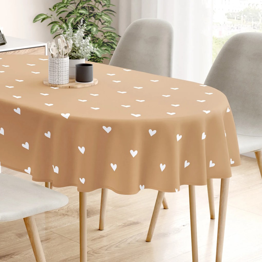 Goldea oválny obrus 100% bavlnené plátno - srdiečka na jesennej hnedej 120 x 200 cm