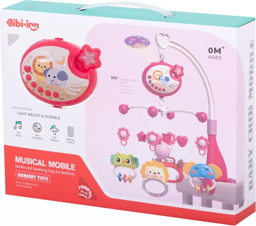KIK Lullaby Star Design Pink kolotoč do postieľky s projektorom hviezd a diaľkovým ovládaním, ružový