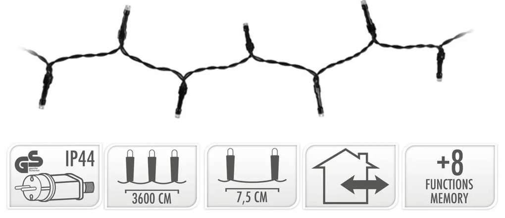 Vianočné svetielka 36 m/480 led studená biela, 8 režimov svietenia, pamäťová funkcia